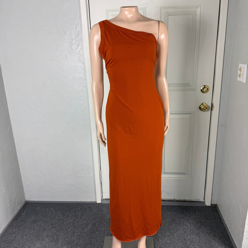 The Line By K Dress Women's M Cotton One Shoulder Long Stretch Burnt Orange Y4-7